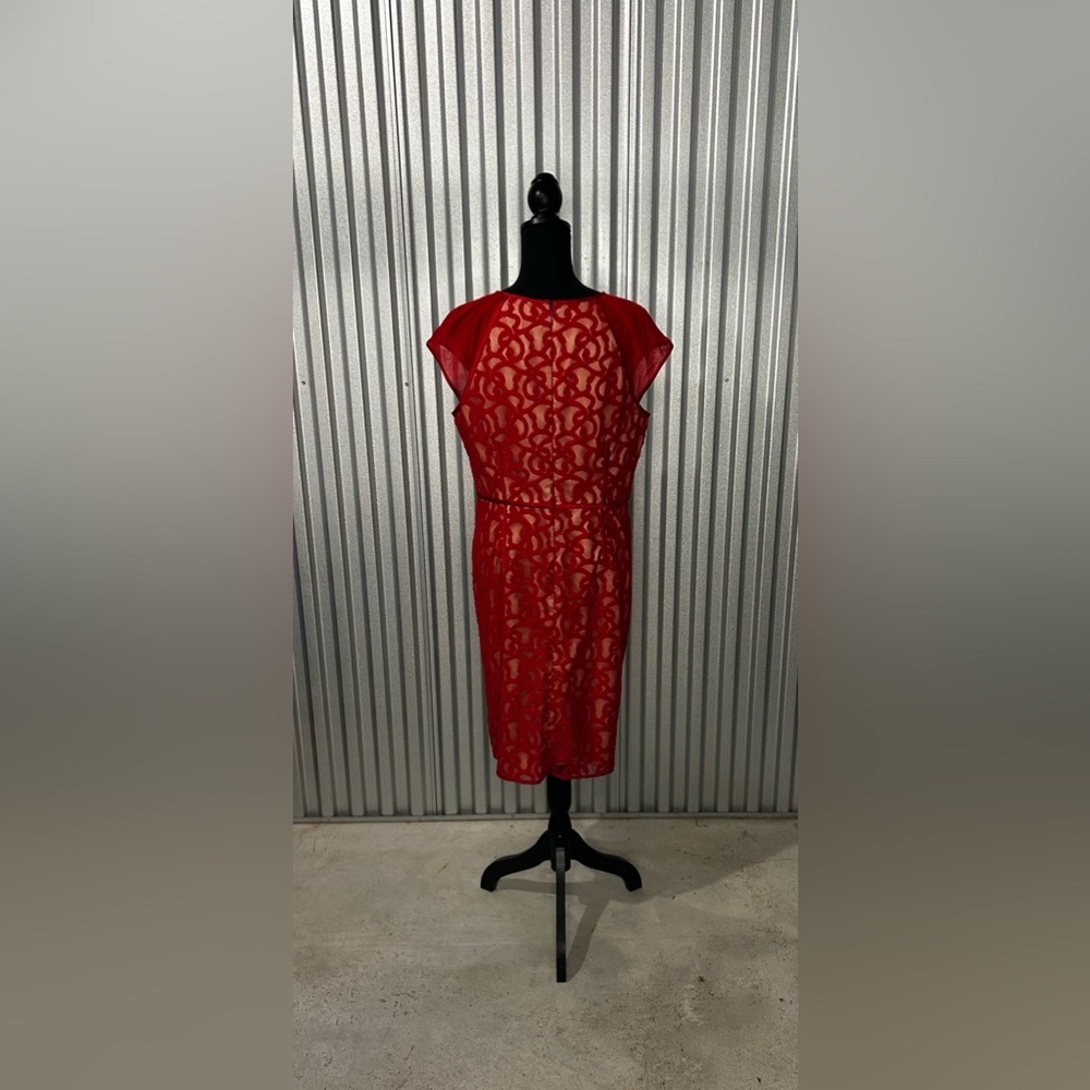 Womens Adrianna Papell Red Nylon Geometric Designer Cap Sleeve Midi Dress 14 - Picture 2 of 6